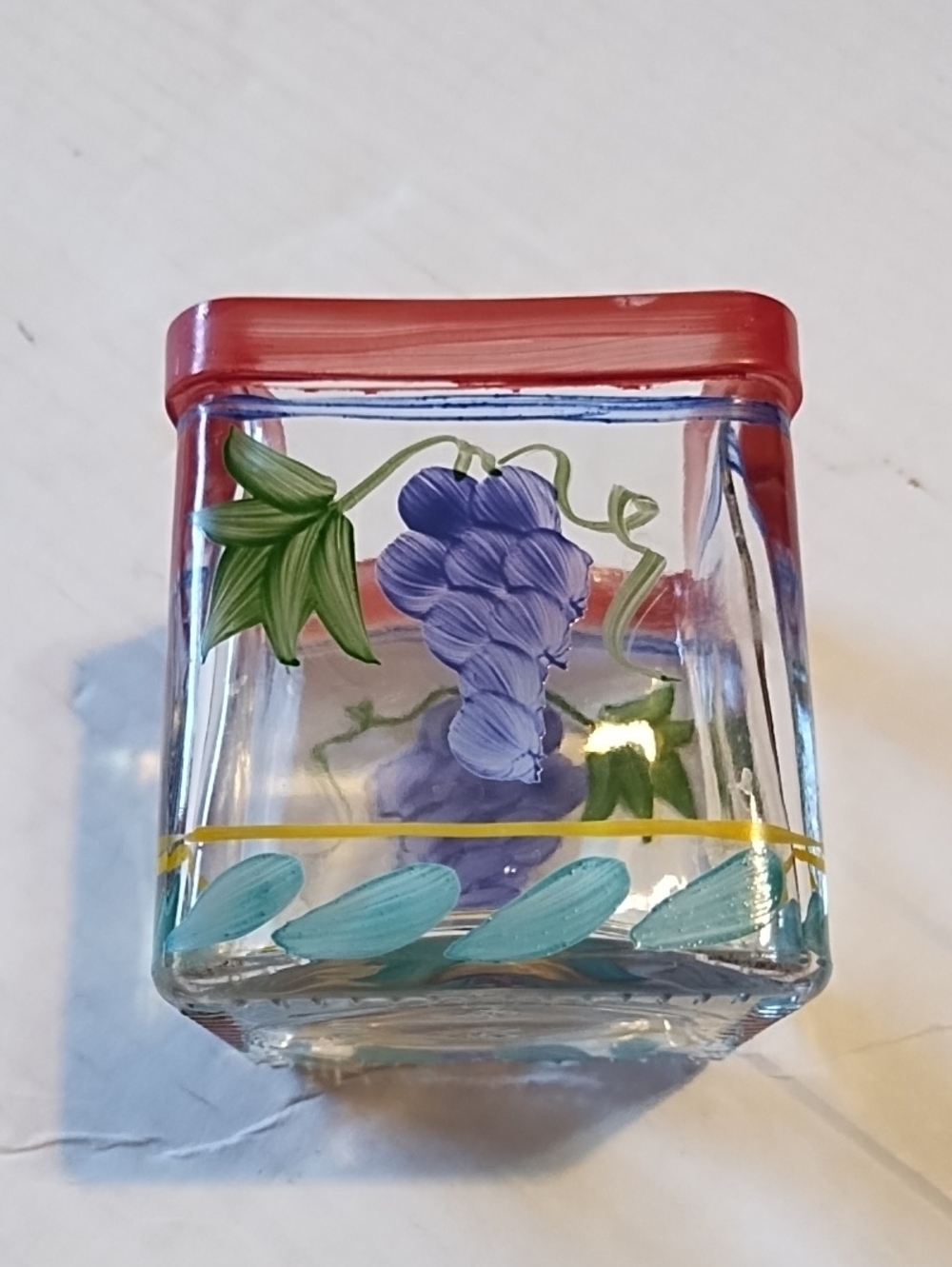 Hand-Painted Square Glass Votive or Trinket Dish - Purple Floral with Red Rim - Picture 2 of 6